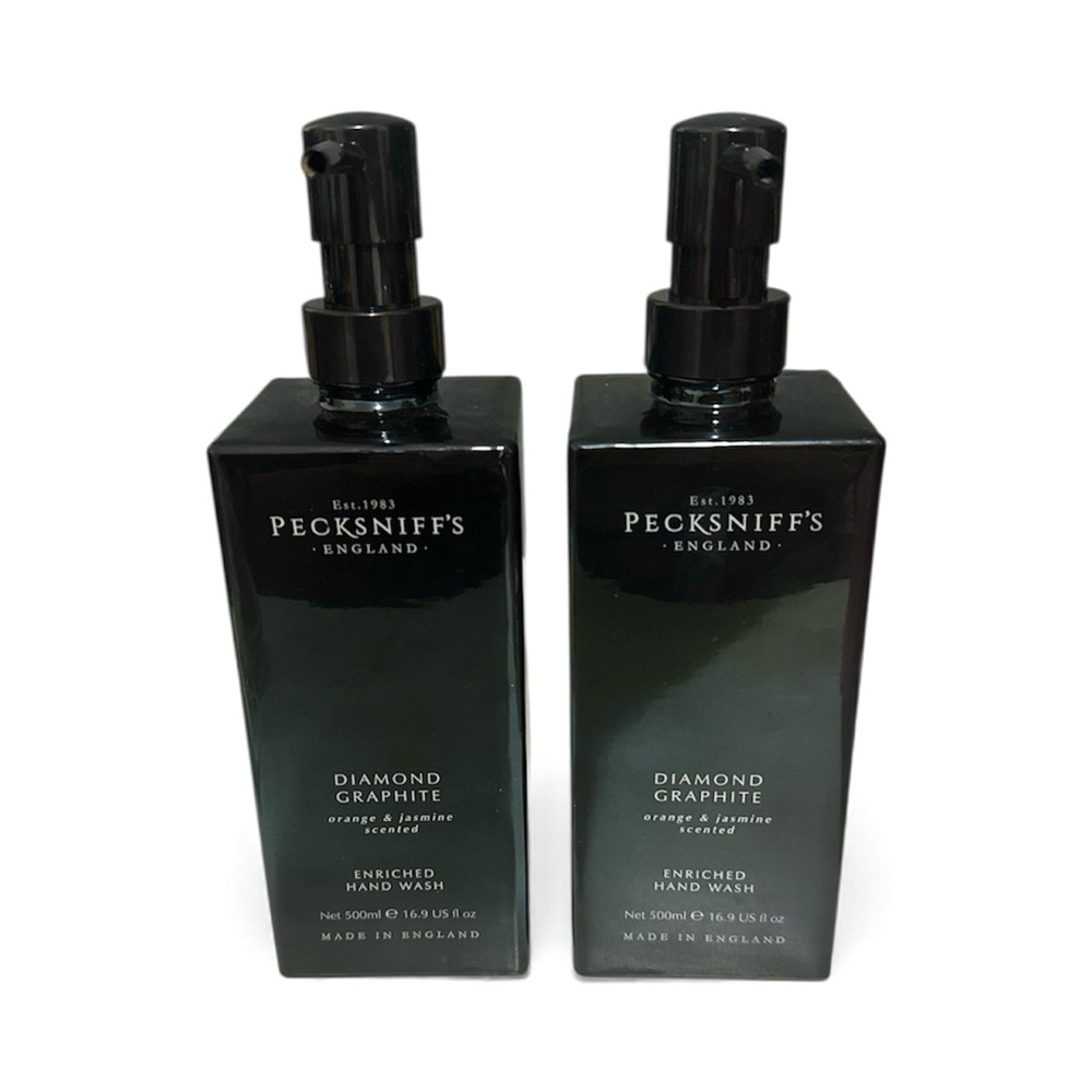 NEW 2x Pecksniffs Diamond Graphite Orange & Jasmine Glass Bottle Hand Wash Set
